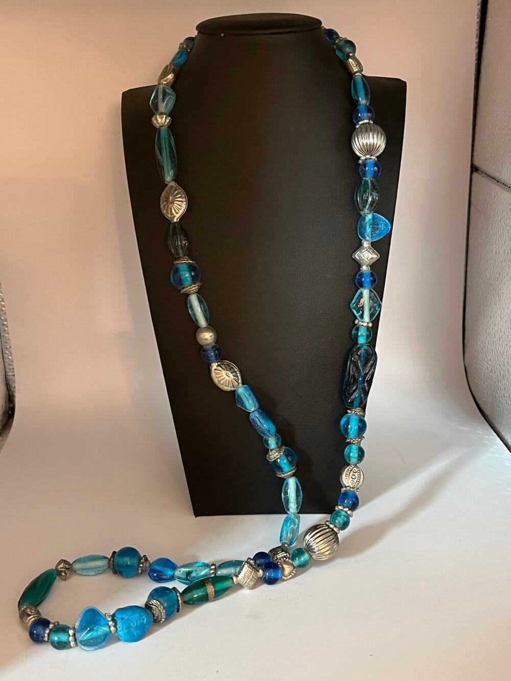 Blue Glass Lampwork Necklace Aqua 34"